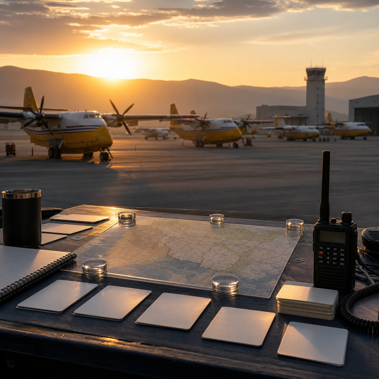 AI-generated editorial concept showing wildfire aircraft and blank assignment cards at an air-tanker base dispatch table.