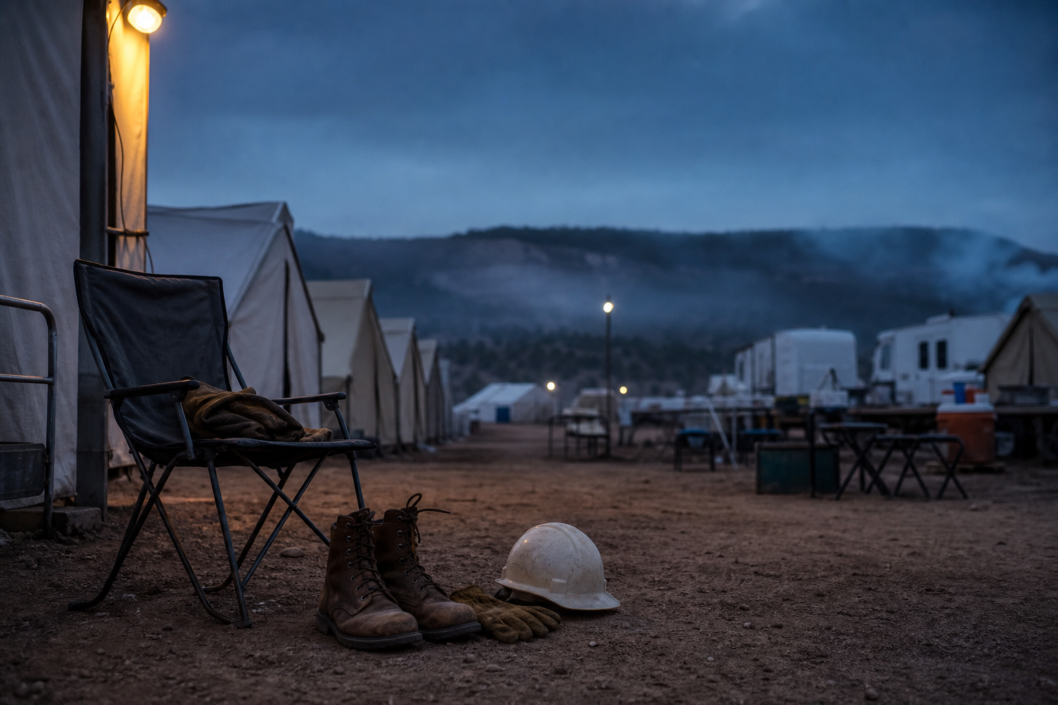 AI-generated respectful editorial image of an empty chair, boots, gloves and hard hat at a quiet predawn wildland fire camp.