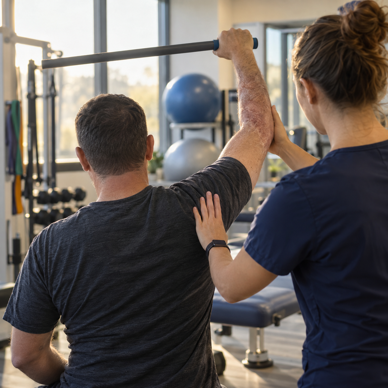AI-generated editorial image of an anonymous burn survivor working with a physical therapist in a rehabilitation gym.