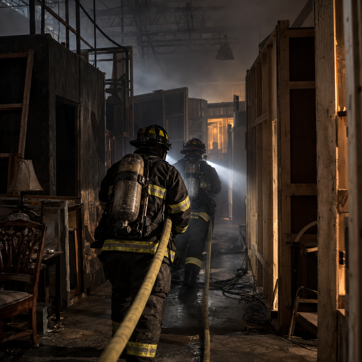 AI-generated editorial image of firefighters following a hose line through temporary corridors inside a smoky warehouse.