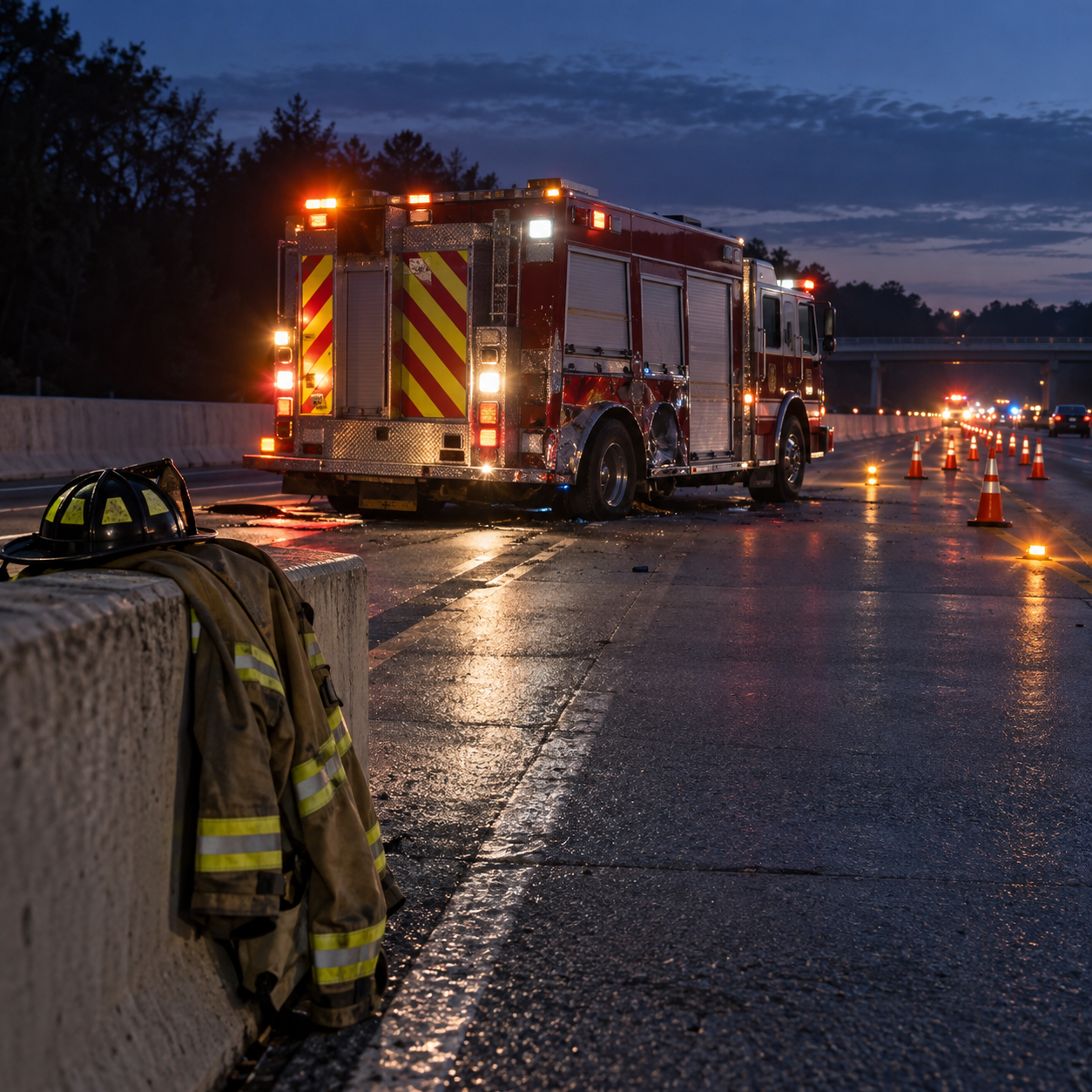 AI-generated editorial image of a damaged blocking rescue vehicle in a protected interstate work zone at predawn.