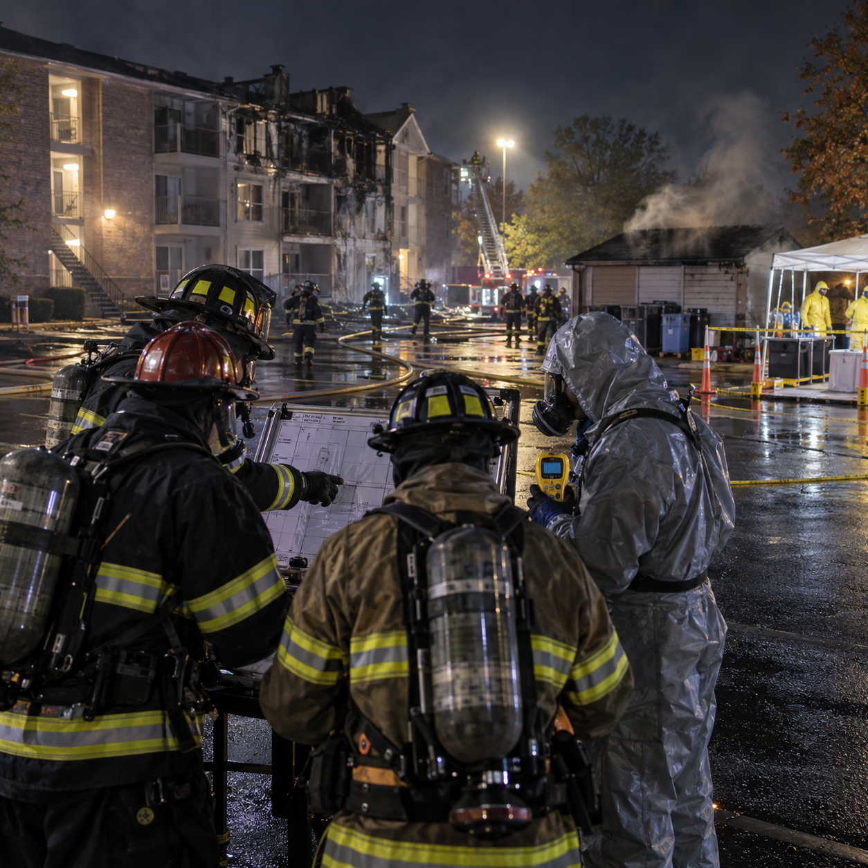 AI-generated editorial image of firefighters and a hazmat technician coordinating after an apartment fire.