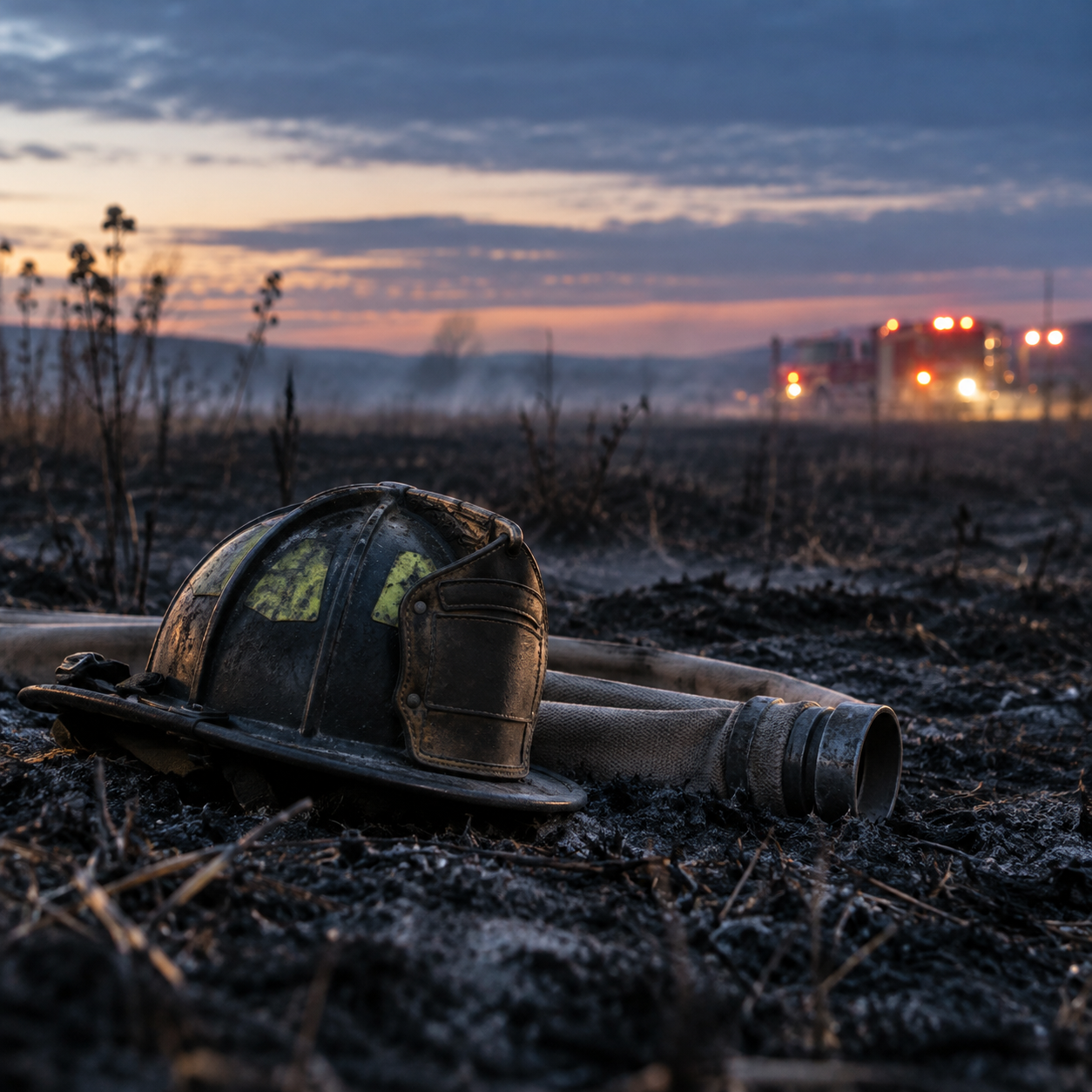 AI-generated editorial image of an empty firefighter helmet and hose on a burned rural field at blue hour.