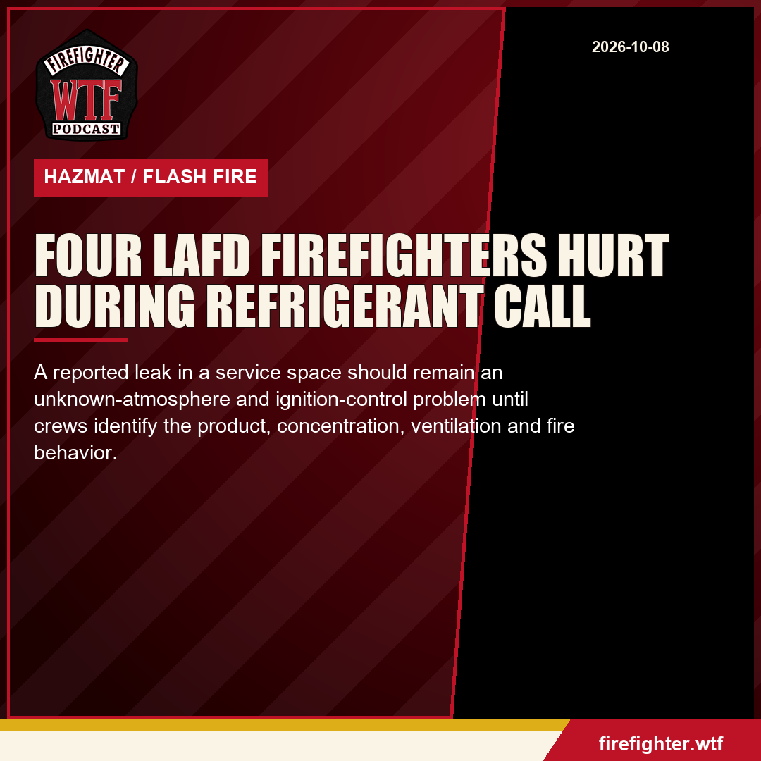 Branded Firefighter WTF editorial graphic about four LAFD firefighters injured during a reported refrigerant-leak investigation.
