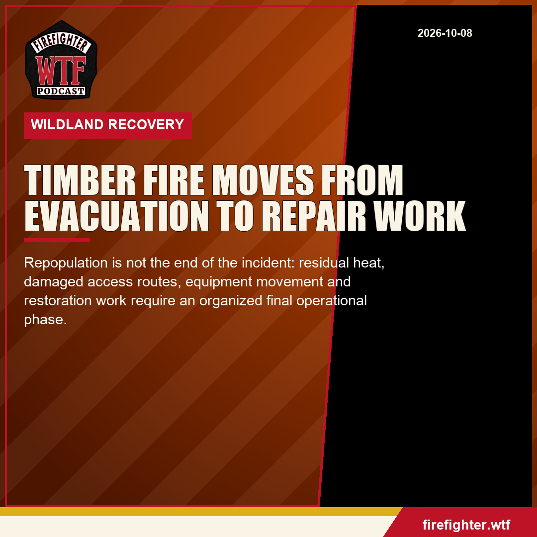 Branded Firefighter WTF editorial graphic about repair and monitoring work after evacuation orders were lifted on the Timber Fire.